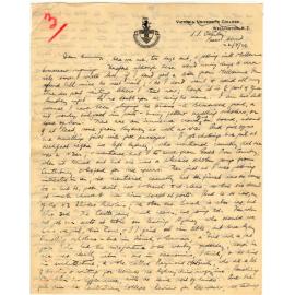Letter from John Cawte Beaglehole to his Mother, 22nd August, 1926