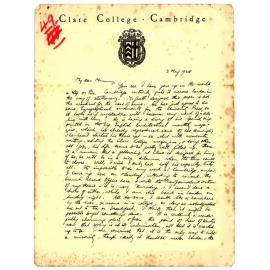 Letter from John Cawte Beaglehole to his Mother, 3 May, 1928