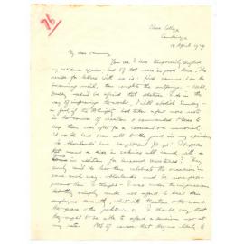 Letter from John Cawte Beaglehole to his Mother, 18th April, 1929