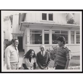 Ruka Broughton, Alison Green, Professor Sidney Mead, and Tamati Kruger in front of the new marae