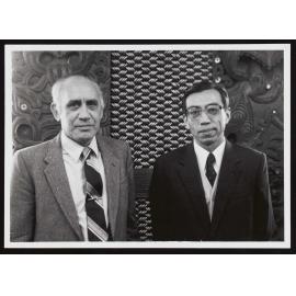 Prof Hirini Moko Mead with Chinese Ambassador Zhang Lang-Lai at the marae