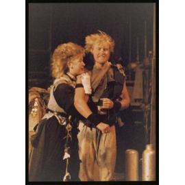 Two actors on stage during outdoor production of "Macbeth" in February 1983 (a)