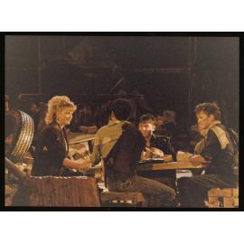 Four actors on stage during outdoor production of "Macbeth" in February 1983 (a)