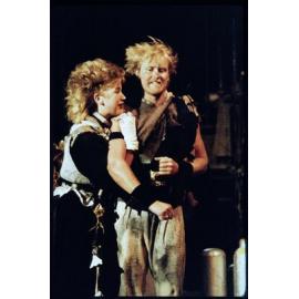 Two actors on stage during outdoor production of "Macbeth" in February 1983 (b)