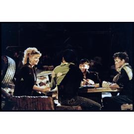 Four actors on stage during outdoor production of "Macbeth" in February 1983 (b)