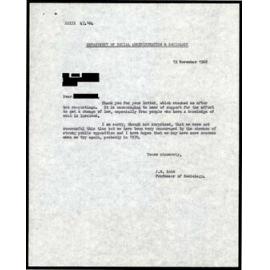 Letter from J.H. Robb to supporter, 15 November 1968