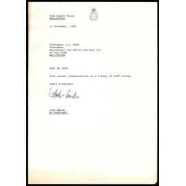Letter from John Banks MP to Prof Robb, 15 November 1985