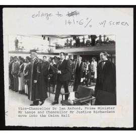 Vice-Chancellor Dr Ian Axford, Prime Minister Mr Lange and Chancellor Mr Justice Richardson