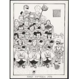 Caricature of Gerard Crewdson and his class as First 15 rugby team