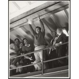 John Webster dropping model off a balcony for testing