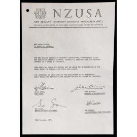 Letter from NZUSA to Whina Cooper