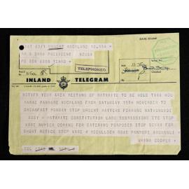 Telegram to NZUSA president Alick Shaw from Whina Cooper