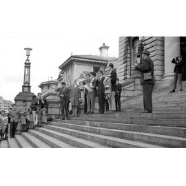 Student leaders on Parliament steps for university fee increases protest