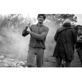 Geoff Bertram at hangi pit at Pāpāwai marae