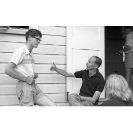 Hugh Rennie [?] and lecturer talk at the annual Student Congress at Curious Cove