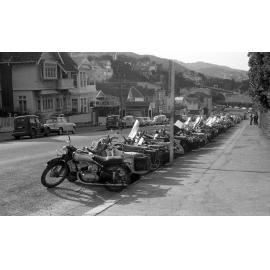 Motorcycles parked down Kelburn Parade 
