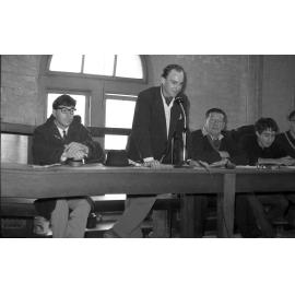 Tim Bertram speaks at a meeting with Wellington Waterside Workers' Union