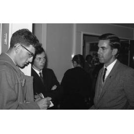 Salient reporter Richard Shorter with Michael J. Moriarty [?] interviewing a visiting speaker