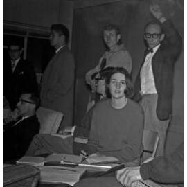 Roger Clark and Peter Blizard at Victoria University Students' Association meeting on fee increases