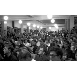 Crowded union hall at Victoria University Students' Association meeting on fee increases