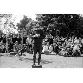 Speaker on the soapbox at the weekly student forum