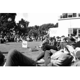 Students gathered outside Student Union Building at the weekly student forum