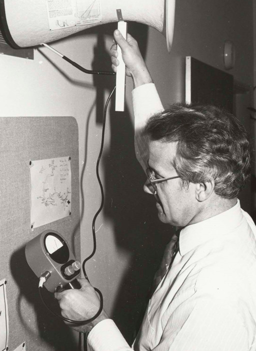 Professor George Baird measuring airflow.