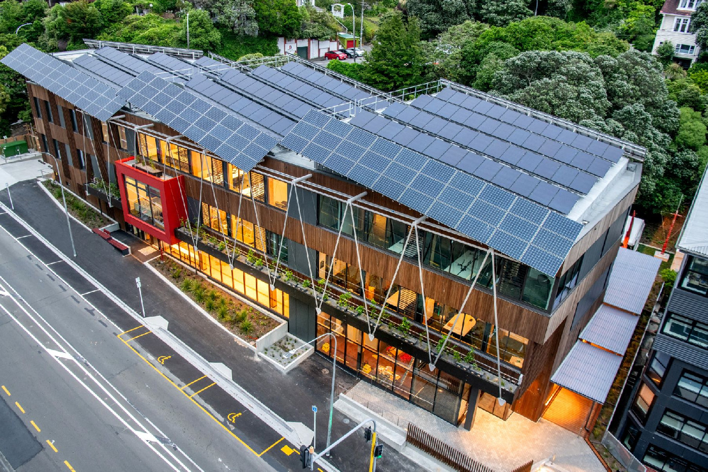 Aerial view of Ngā Mokopuna from Kelburn parade. Photograph by Image Services, Te Herenga Waka—Victoria University of Wellington.